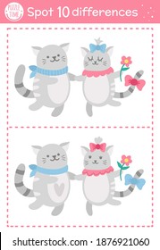 Saint Valentine Day Find Differences Game For Children. Holiday Educational Activity With Funny Cats Couple. Printable Worksheet With Cute Characters. Puzzle For Kids With Love Theme
