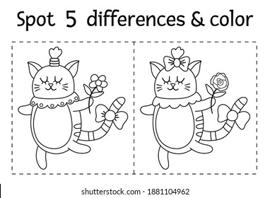 Saint Valentine day find differences game for children. Holiday black and white educational activity and coloring page with funny cat with flower. Printable worksheet with cute animal. 
