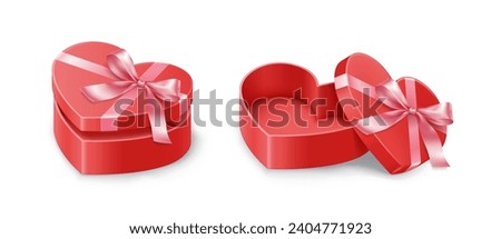 Saint Valentine day gift boxes with bows realistic vector illustration. Red present packaging tied with pink ribbons 3d models on white