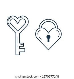 Saint Valentine Day icon with love lock in heart shape and key. Happy St Valentine line romantic symbols.