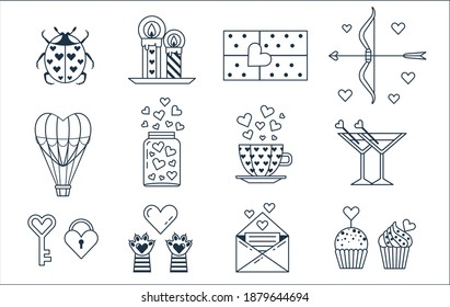 Saint Valentine Day icon set. Feast of St Valentine happy 14 february line icons with cute cat's paws, jar of hearts, bow with love arrow, air balloons, muffins, candles and ladybug.