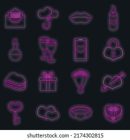 Saint Valentine day icons set. Illustration of 16 Saint Valentine day vector icons neon color on black