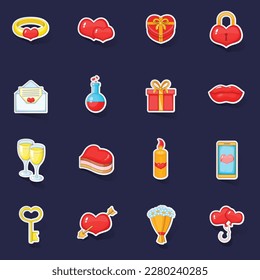 Saint Valentine day icons set stikers collection vector with shadow on purple background