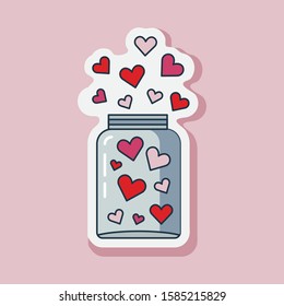 Saint Valentine Day line jar of hearts sticker. Happy St Valentine icon with love symbols.