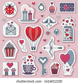 Saint Valentine Day love sticker set. Feast of St Valentine line labels, happy 14 february icons with cute cat's paws, jar of hearts, bow with love arrow, air balloons, muffins, candles and ladybug.