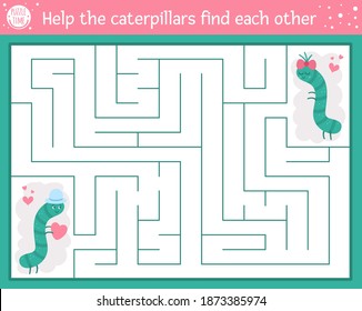 Saint Valentine day maze for children. Holiday preschool printable educational activity. Funny game with insects. Romantic puzzle with love theme. Help the caterpillars find each other 
