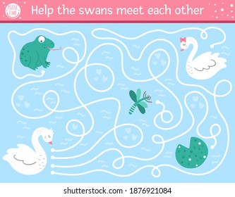 Saint Valentine day maze for children. Holiday preschool printable educational activity. Funny game with birds. Romantic puzzle with love theme. Help the swans meet each other 
