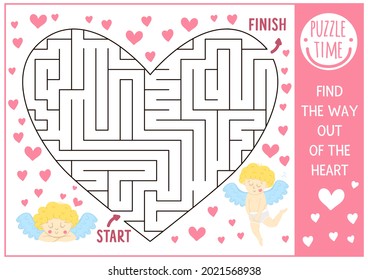 Saint Valentine day maze for children in heart shape. Holiday preschool printable educational activity. Funny game with cute cupids. Romantic puzzle with love theme. Find the way out of the heart.
