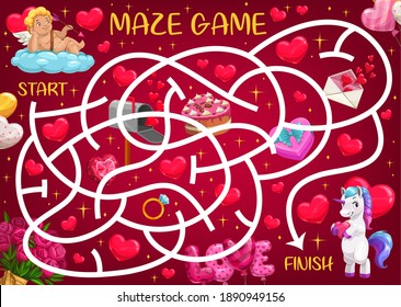 Saint Valentine day maze for kids with cupid, unicorn and romantic gifts. Child educational playing activity, labyrinth game. Cherub on cloud, love letter and cake, balloon, golden ring cartoon vector