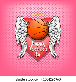 Saint Valentine day pattern. Basketball logo template design. Basketball ball with wings and nimbus. Pattern for banner, poster, greeting card, party invitation. Vector illustration