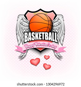 Saint Valentine day pattern. Basketball logo template design. Basketball ball with wings and nimbus. Pattern for banner, poster, greeting card, party invitation. Vector illustration
