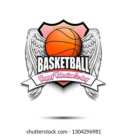 Saint Valentine day pattern. Basketball logo template design. Basketball ball with wings and nimbus. Pattern for banner, poster, greeting card, party invitation. Vector illustration