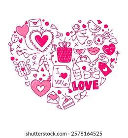 Saint Valentine day romantic greeting card in shape of heart with creative hand drawn dating icon elements design. Happy holiday cute postcard template for engagement proposition vector illustration