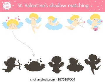 Saint valentine day shadow matching activity for children. Fun puzzle with cute holiday symbols. Educational game for kids with cupids and love theme. Find the correct silhouette worksheet. 
