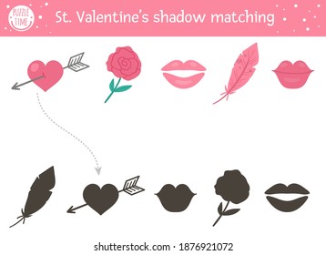 Saint valentine day shadow matching activity for children. Fun puzzle with cute holiday symbols. Educational game for kids with love theme. Find the correct silhouette printable worksheet. 
