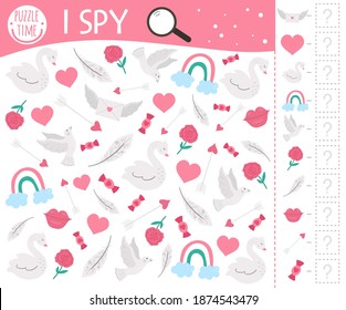 Saint Valentine day I spy game for kids. Searching and counting activity for preschool children with traditional holiday objects. Funny party printable worksheet with love theme. Spotting puzzle.
