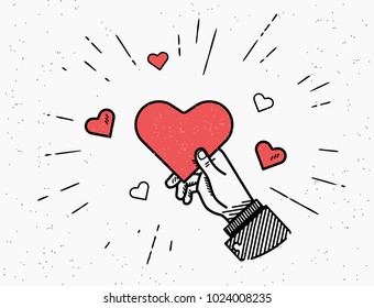 Saint Valentine day vector illustration in retro style with sunburst and red hearts isolated on white background. Human vintage hand holds valentines card. Fully transparent design for valentines day