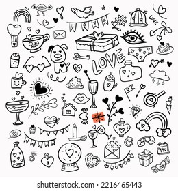 Saint Valentine doodle hand drawn elements.Romantic fabruary illustration set. For gift and greeting card