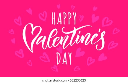 Saint Valentine greeting and hearts pattern vector calligraphy text for greeting card with white font on pink or red background. Valentines day 14 February love congratulation design