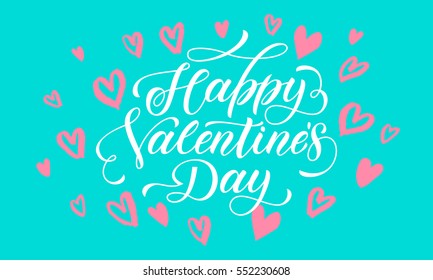 Saint Valentine greeting and red hearts pattern vector calligraphy text for greeting card with white font on green background. Valentines day 14 February love congratulation design