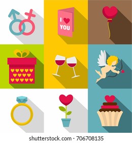 Saint Valentine icon set. Flat style set of 9 Saint Valentine vector icons for web design