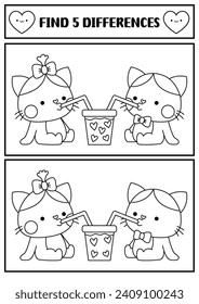 Saint Valentine kawaii black and white find differences game. Attention skills activity with cat couple drinking bubble tea with heart. Love holiday coloring page for kids. Printable worksheet
