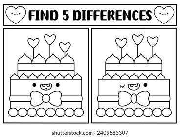 Saint Valentine kawaii black and white find differences game. Attention skills line activity with cute cake with heart shaped candles. Love holiday puzzle, coloring page for kids. Printable worksheet
