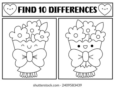 Saint Valentine kawaii black and white find differences game. Activity with cute bouquet of flowers. Love holiday puzzle, coloring page for kids. Printable what is different worksheet