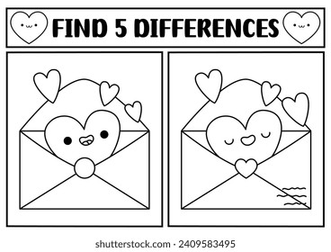 Saint Valentine kawaii black and white find differences game. Attention skills line activity with cute opened envelope with heart. Love holiday puzzle, coloring page for kids. Printable worksheet
