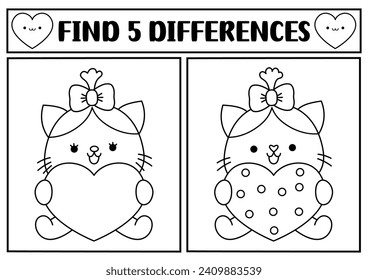 Saint Valentine kawaii black and white find differences game. Attention skills line activity with cute sitting cat with heart. Love holiday puzzle, coloring page for kids. Printable worksheet
