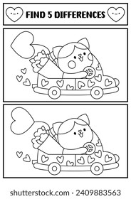 Saint Valentine kawaii black and white find differences game. Attention skills activity with cat on car with heart, flower bouquet. Love holiday puzzle, coloring page for kids. Printable worksheet
