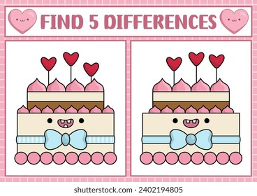 El kawaii de San Valentín encuentra diferencias de juego para los niños. Atención, habilidades de actividad con una tarta linda con velas en forma de corazón. Amar el rompecabezas de las vacaciones para los niños. Imprimible lo que es una hoja de cálculo diferente
