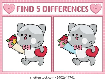 Saint Valentine kawaii find differences game for children. Attention skills activity with cute cat with flower bouquet, heart. Love holiday puzzle for kids. Printable what is different worksheet
