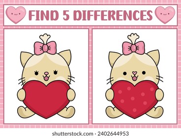 Saint Valentine kawaii find differences game for children. Attention skills activity with cute sitting cat with heart. Love holiday puzzle for kids. Printable what is different worksheet

