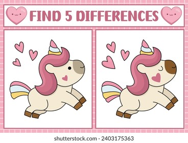 Saint Valentine kawaii find differences game for children. Attention skills activity with cute unicorn with heart on his cheek. Love holiday puzzle for kids. Printable what is different worksheet
