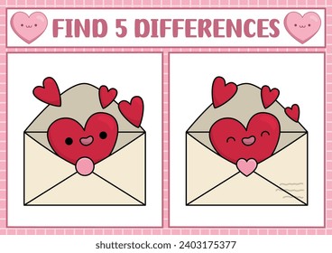 Saint Valentine kawaii find differences game for children. Attention skills activity with cute opened envelope with heart. Love holiday puzzle for kids. Printable what is different worksheet
