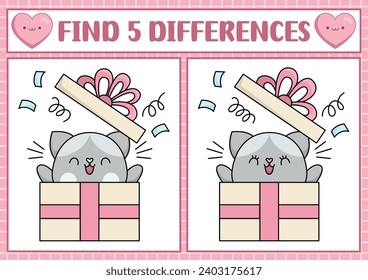 St. Valentine kawaii finden Unterschiedsspiel für Kinder. Aufmerksamkeitsaktivität mit süßer Katze, die aus der aktuellen Kiste herauskommt. Liebes Ferien-Rätsel für Kinder. Unterschiedliches Arbeitsblatt drucken
