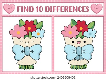 Saint Valentine kawaii find differences game for children. Attention skills activity with cute bouquet with flowers. Love holiday puzzle for kids. Printable what is different worksheet
