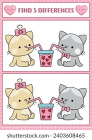 Saint Valentine kawaii find differences game for children. Attention skills activity with cat couple drinking bubble tea with heart. Love holiday puzzle for kids. Printable what is different worksheet