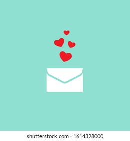 Saint Valentine love letter with red hearts icon. White envelope with on powder blue background. St. Valentine card. Vector illustration.