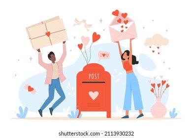 Saint valentine lovely wishes cards and letters post box. Lovers holiday and romantic relationship celebrating flat vector illustration
