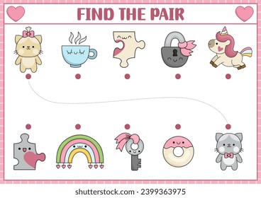 Saint Valentine matching activity for children with kawaii pairs. Fun love holiday puzzle with cute cats, cup, doughnut, unicorn, rainbow, lock, key. Printable worksheet or game for kids
