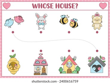 Saint Valentine matching activity for children with kawaii characters and their homes. Fun love holiday puzzle with cute cat, birds, bunny, bumblebee. Printable worksheet or game for kids