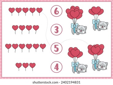 Saint Valentine matching game with cute kawaii cat flying on bunch of balloons shaped as hearts. Love holiday math activity for preschool kids. Educational printable counting worksheet
