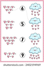 Saint Valentine matching game with cute kawaii clouds raining with hearts. Love holiday math activity for preschool kids. Educational printable counting worksheet
