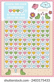 Saint Valentine maze, color recognition, seek find game with heart. Attention skills training puzzle. Kawaii printable activity for kids. Logical searching puzzle. Follow color combination to find way