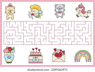 Saint Valentine maze for kids. Love holiday preschool printable activity with kawaii characters. Labyrinth game or puzzle with cute cupid, cats, unicorn, rainbow. Whose present
