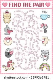 Saint Valentine maze for kids. Love holiday preschool printable activity with kawaii pairs. Labyrinth game or puzzle with cute cats, jigsaw puzzles, cup, doughnut, unicorn, rainbow. Perfect match