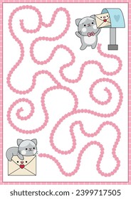 Saint Valentine maze for kids. Love holiday preschool printable activity with kawaii cat, love letter. Labyrinth game, puzzle with cute boy kitten sending envelope with heart. Love mail concept
