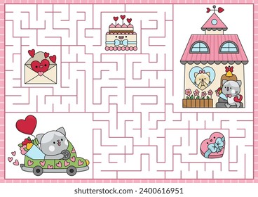 Saint Valentine maze for kids. Love holiday preschool printable activity with kawaii characters, cake, letter. Labyrinth game puzzle with cute romantic date, cat going home with flowers, gifts
